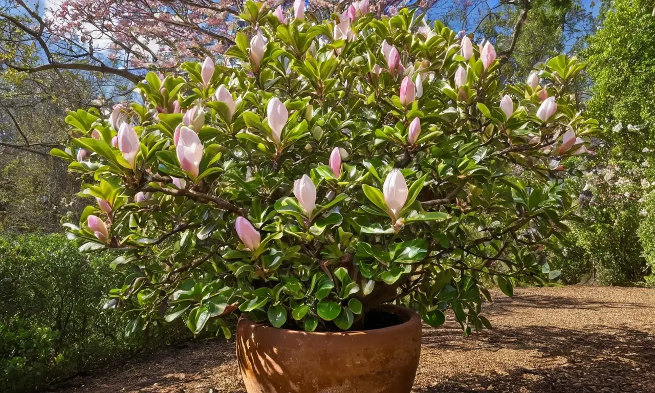 Árbol de magnolia vibrante en maceta terracota