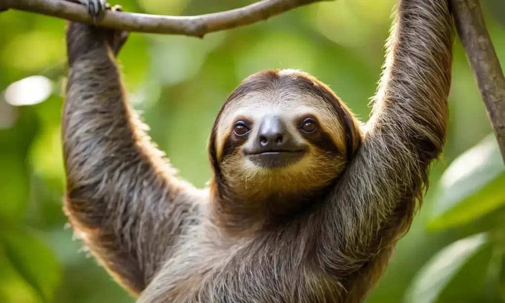 Un perezoso tranquilo colgando de un árbol