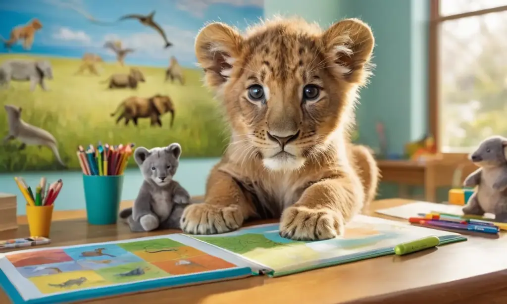 Aula iluminada con animales coloridos y niños