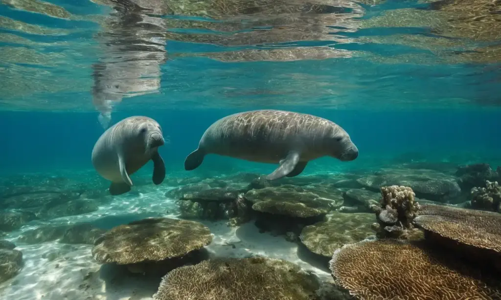 Manatíes nadan en un vibrante paisaje marino