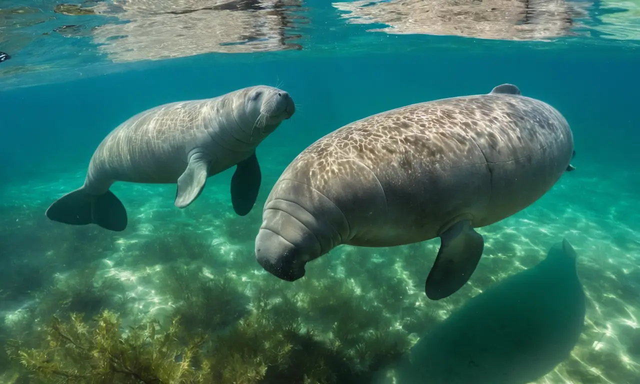 Manatíes nadan serenamente en aguas turquesas