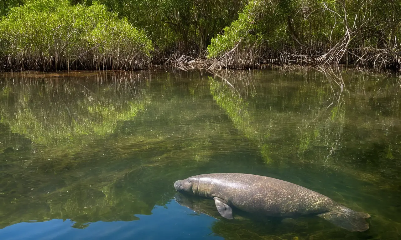 Escena serena de un río con manatí