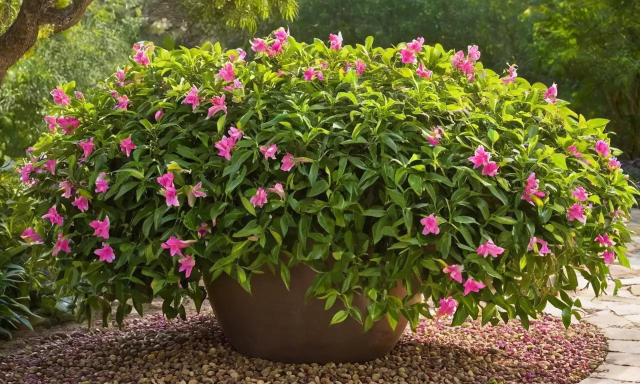 Jardín vibrante con Mandevilla y flores rosadas