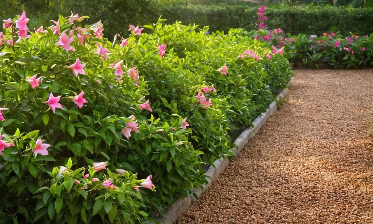 Jardín vibrante con flores Mandevilla y luz suave