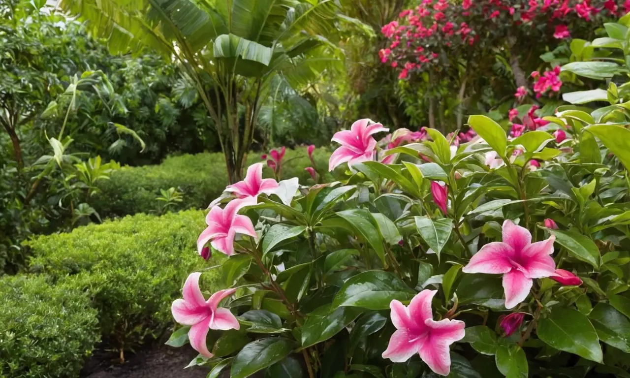 Planta Mandevilla resplandece en jardín iluminado