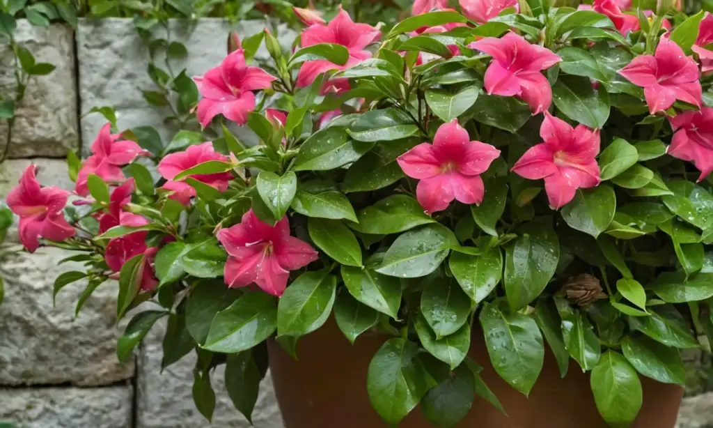 Mandevilla rosa brilla en un jardín verde