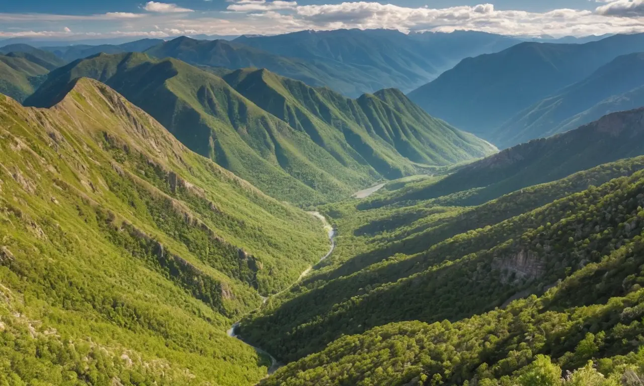 Montañas verdes y rocosas bajo un cielo azul