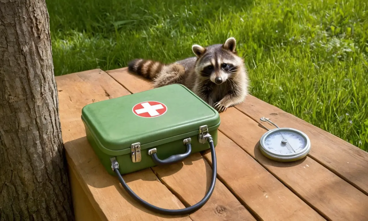Escena rural con raccoon y primeros auxilios