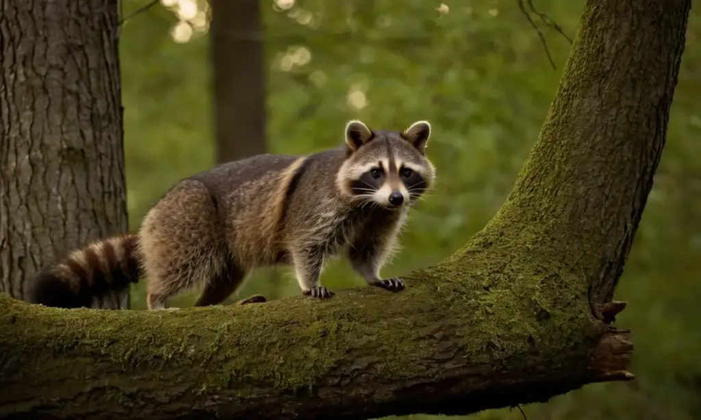 Un mapache explora un bosque al anochecer