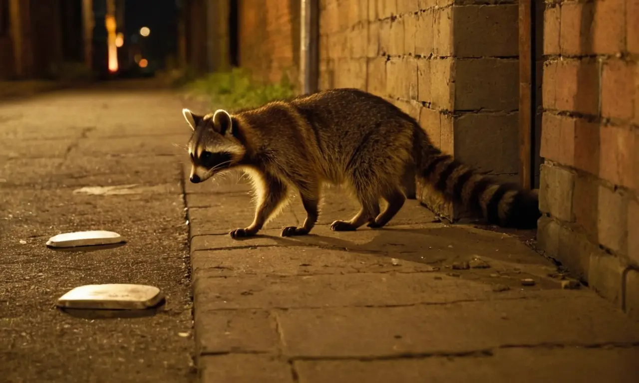 Un mapache solo en un callejón urbano