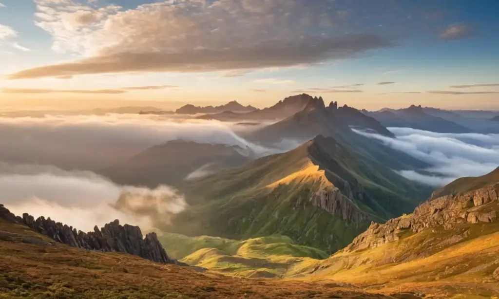 Montañas majestuosas envueltas en nubes brillantes