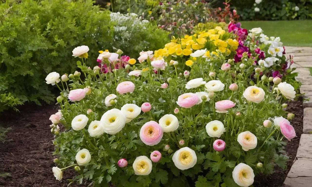 Jardín vibrante con Ranunculus bajo suave luz