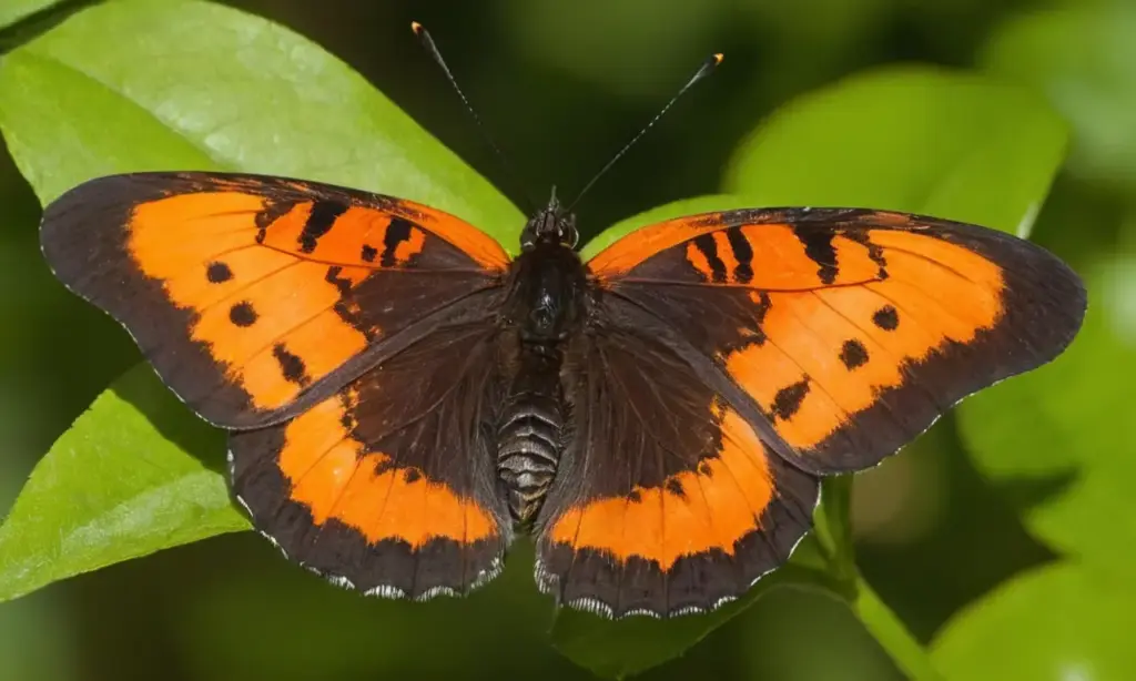 Mariposa negra y naranja resplandece en naturaleza
