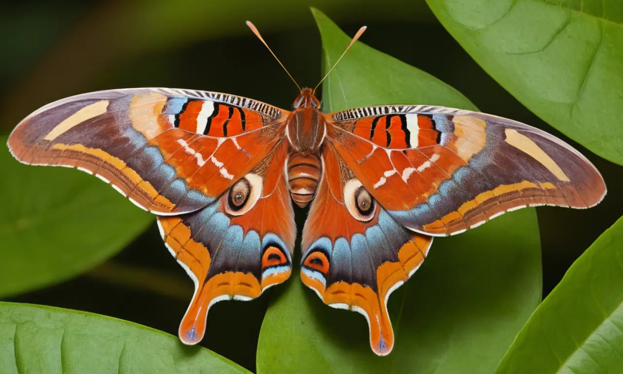 Mariposa Atlas posada en hoja verde