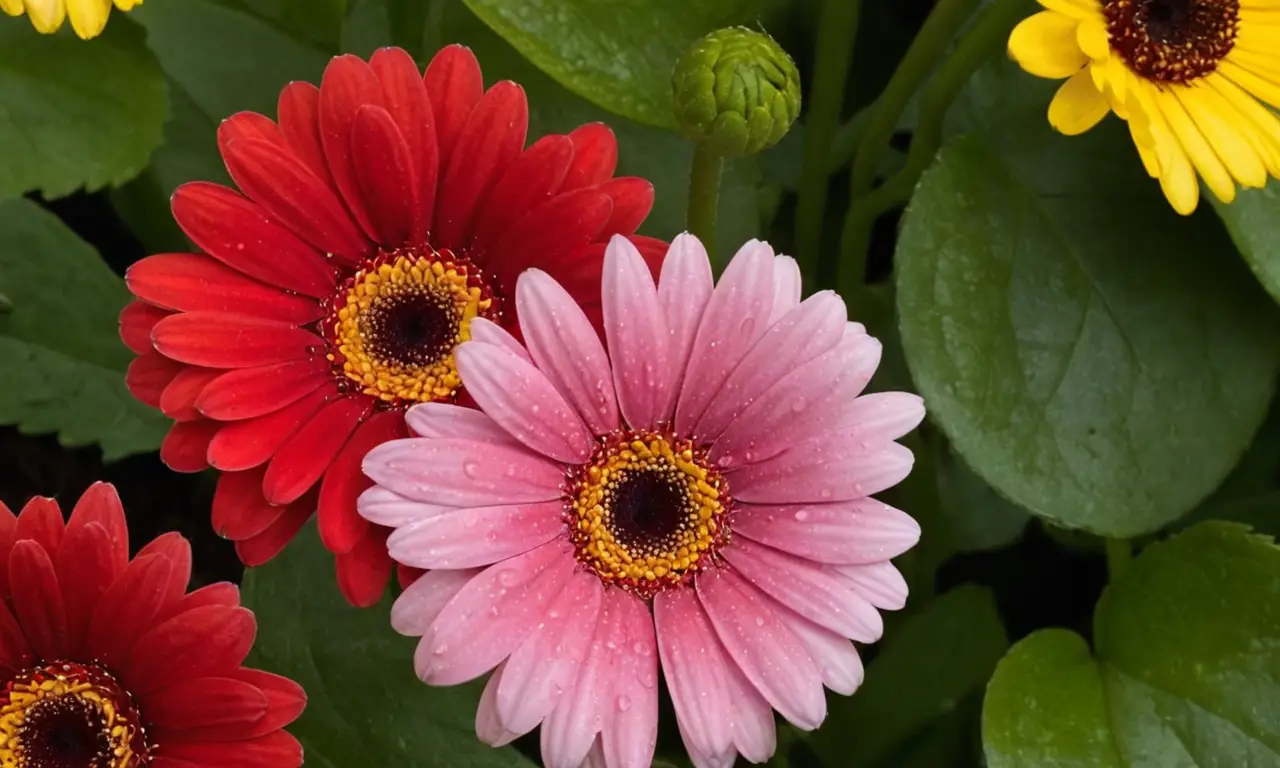 Jardín sereno con flores vibrantes y hojas