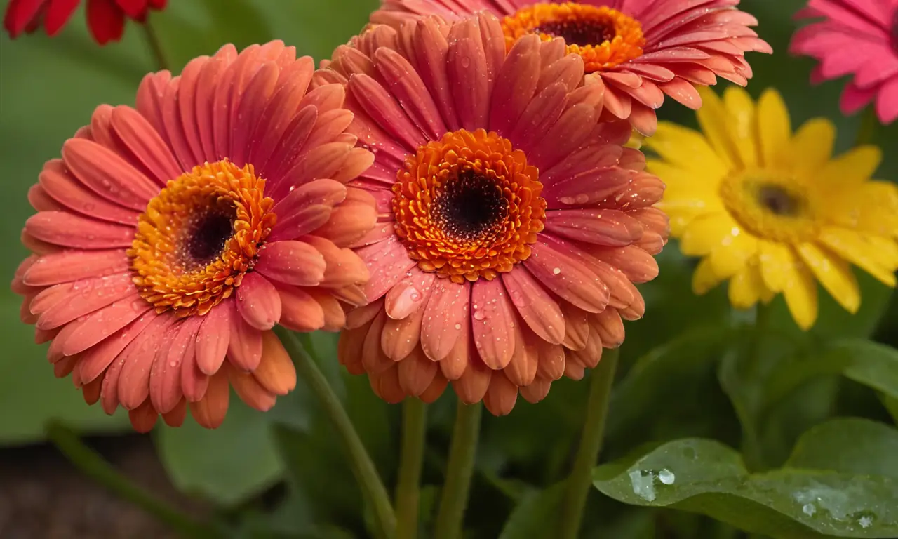 Gerberas vibrantes rodeadas de vegetación y luz