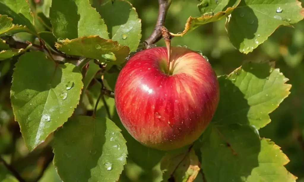 Una manzana roja brilla entre hojas secas