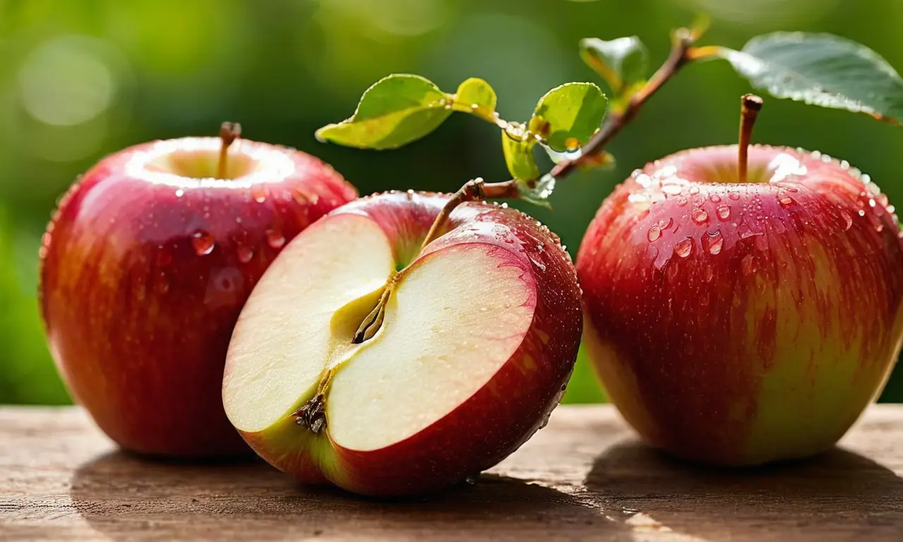 Manzana brillante sobre una mesa de madera