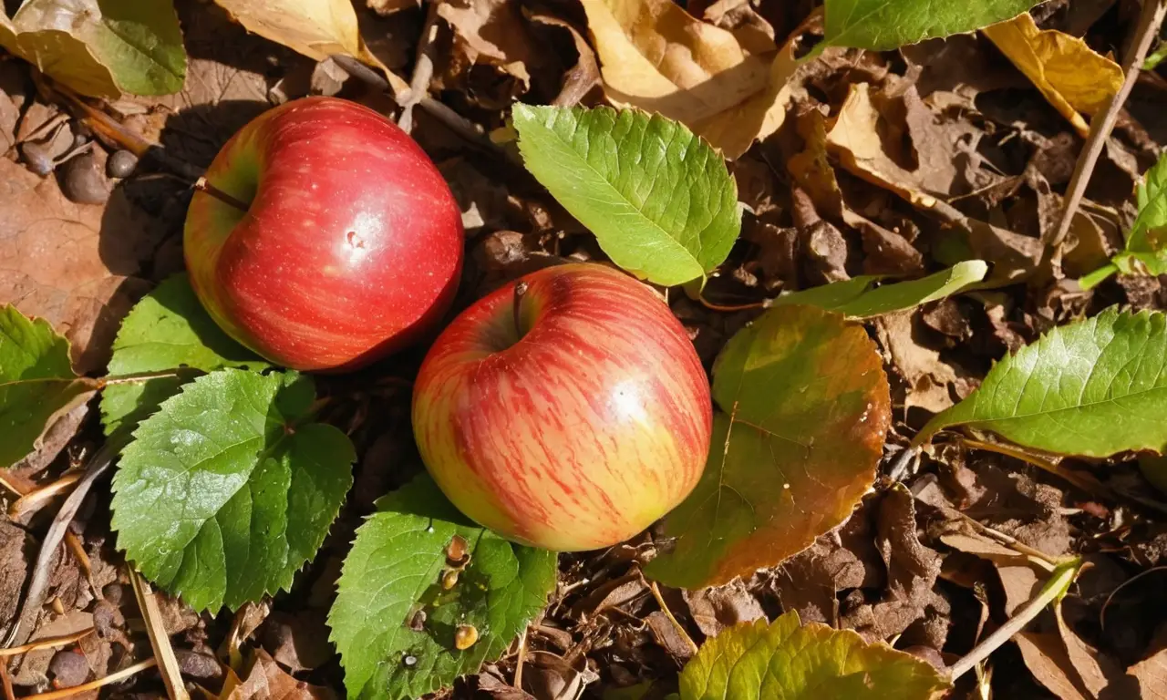 Manzana en el suelo, vibrante y en decadencia