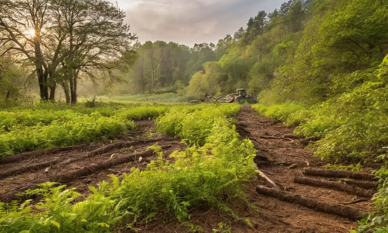 Bosque dañado con árboles talados y flores