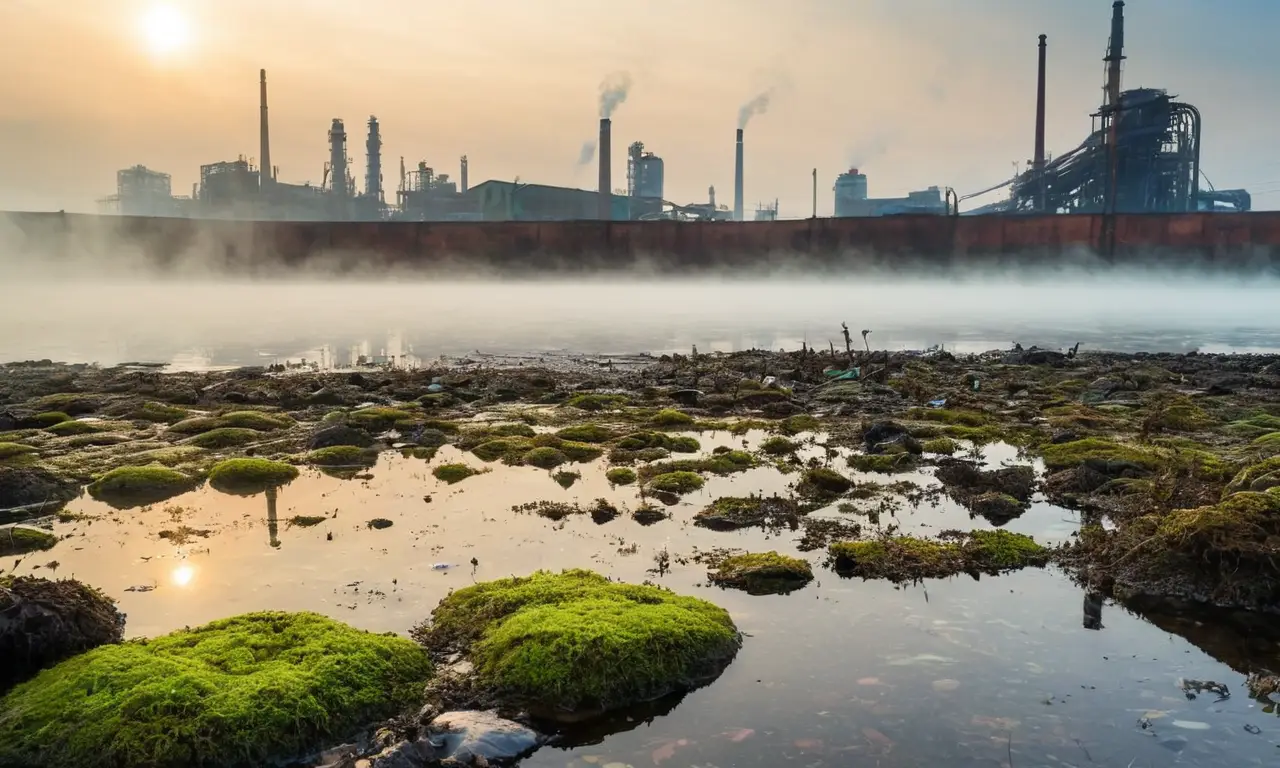 Paisaje industrial contaminado y desolado