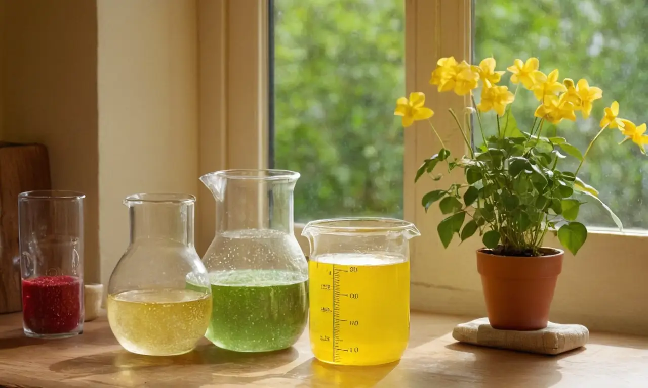 Mesa rústica con beaker y plantas verdes