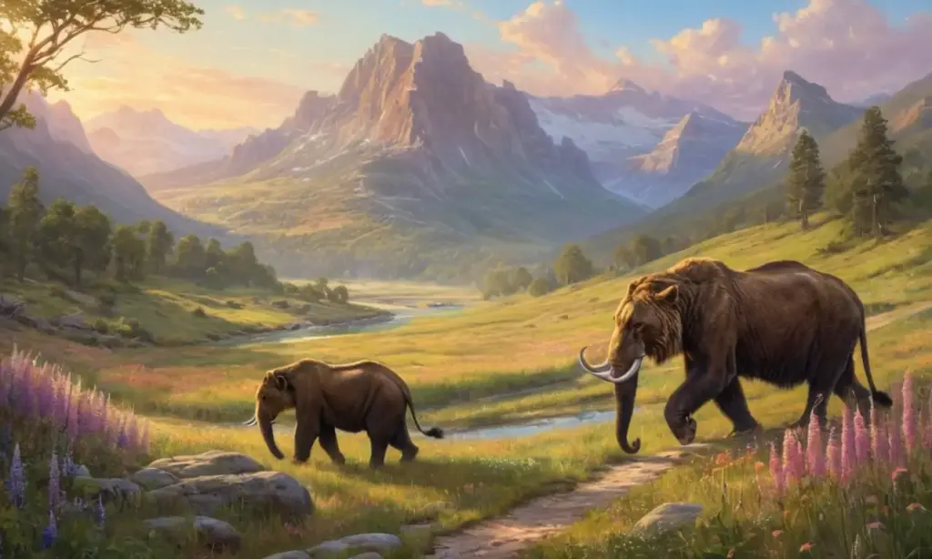 Un paisaje prehistórico con mamuts y tigres