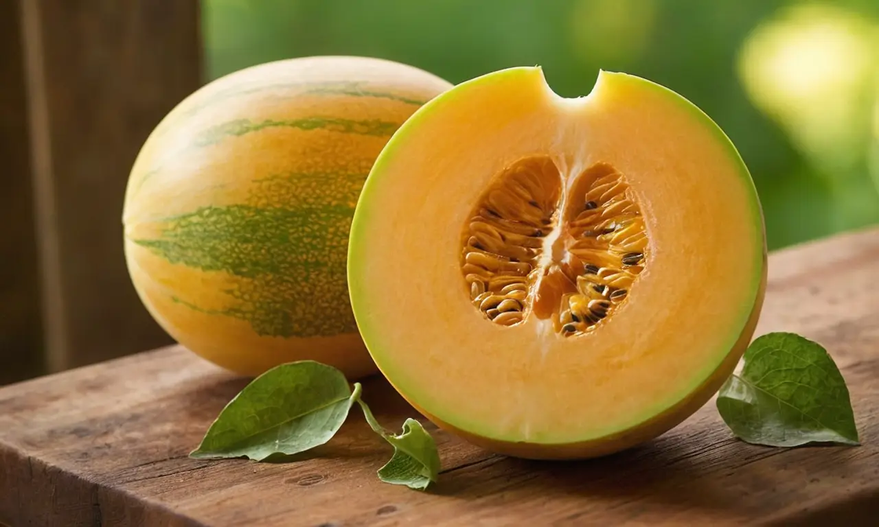 Melón amarillo fresco en tabla rústica