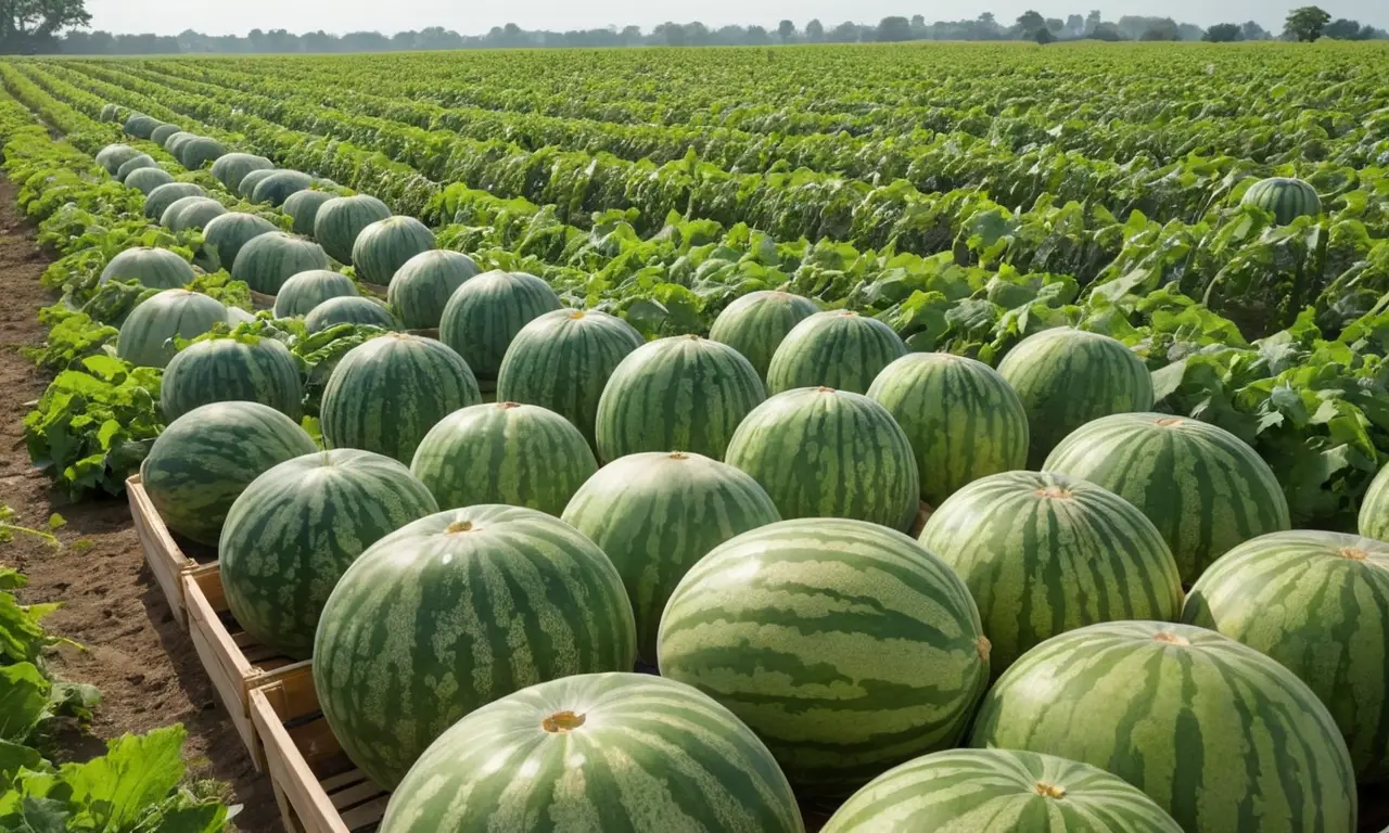 Campo verde con melones frescos y sol