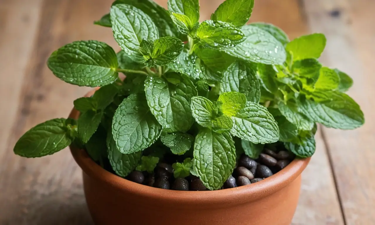 Hojas de menta frescas en una maceta