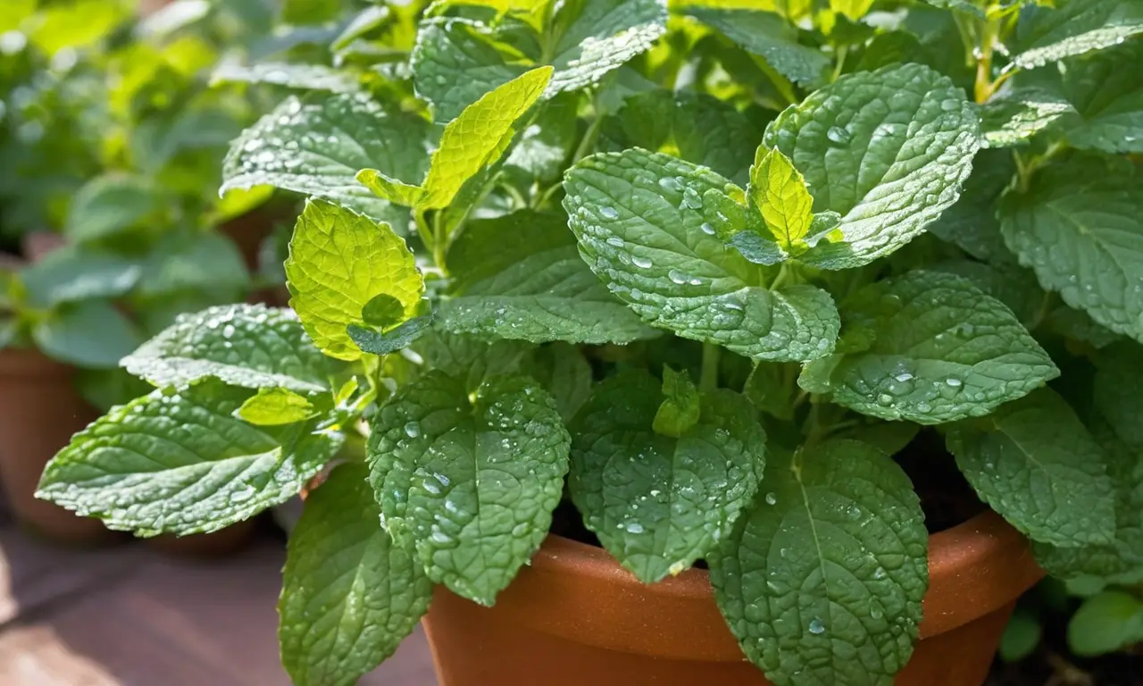 Planta de menta fresca en soleado rincón