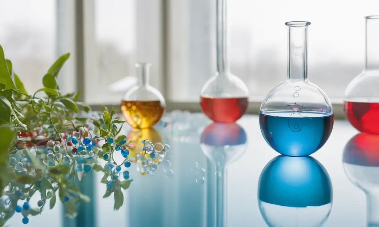 Mesa de laboratorio con modelos moleculares coloridos