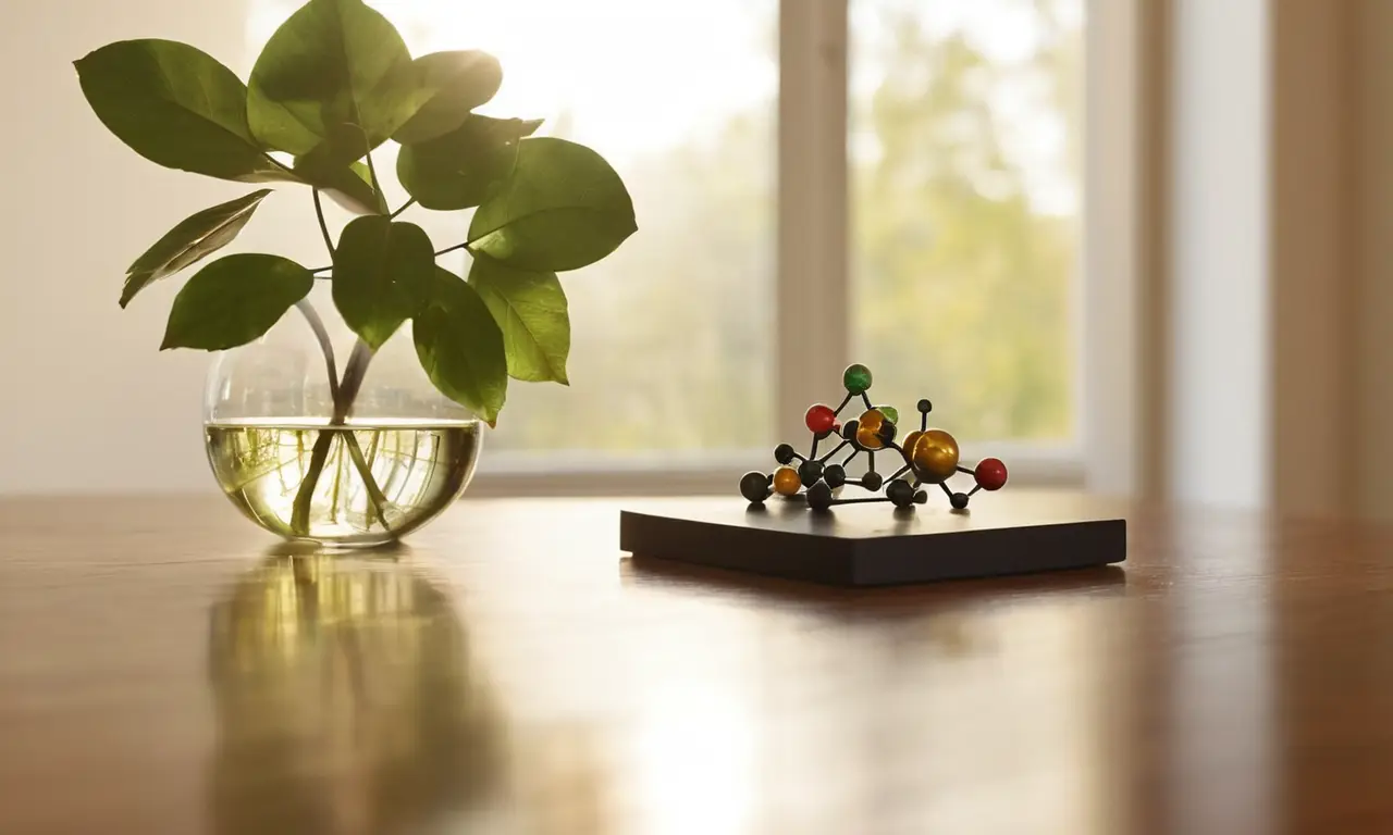 Mesa de madera con modelo molecular y luz