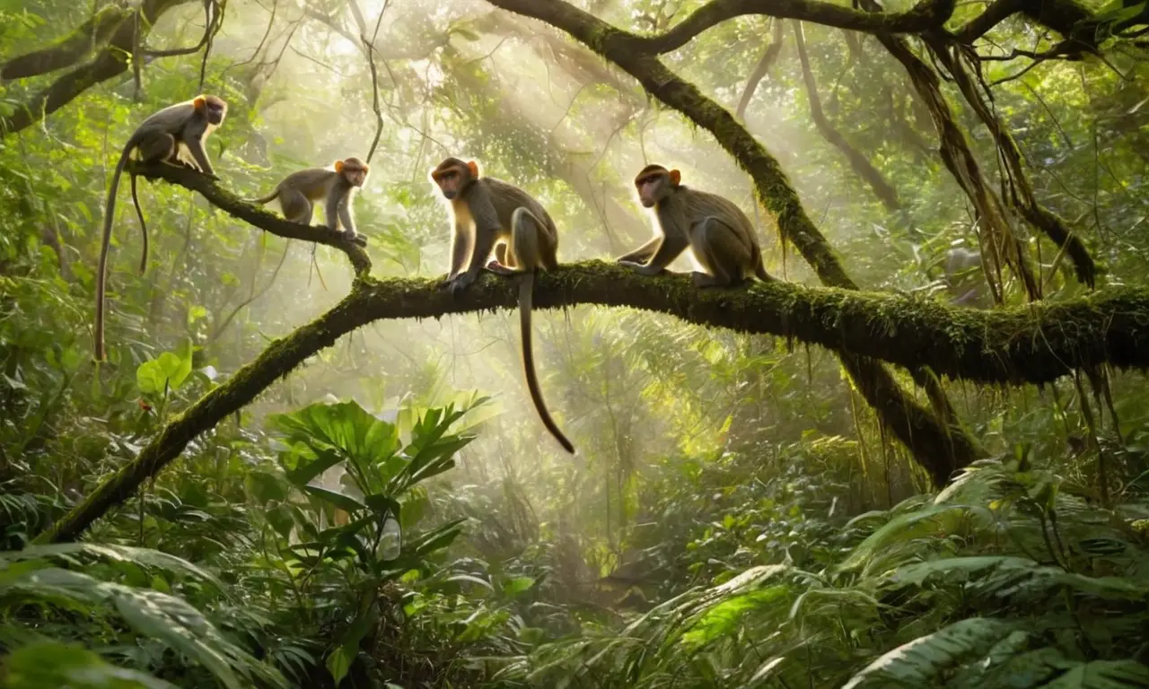 Monos juegan en una selva exuberante
