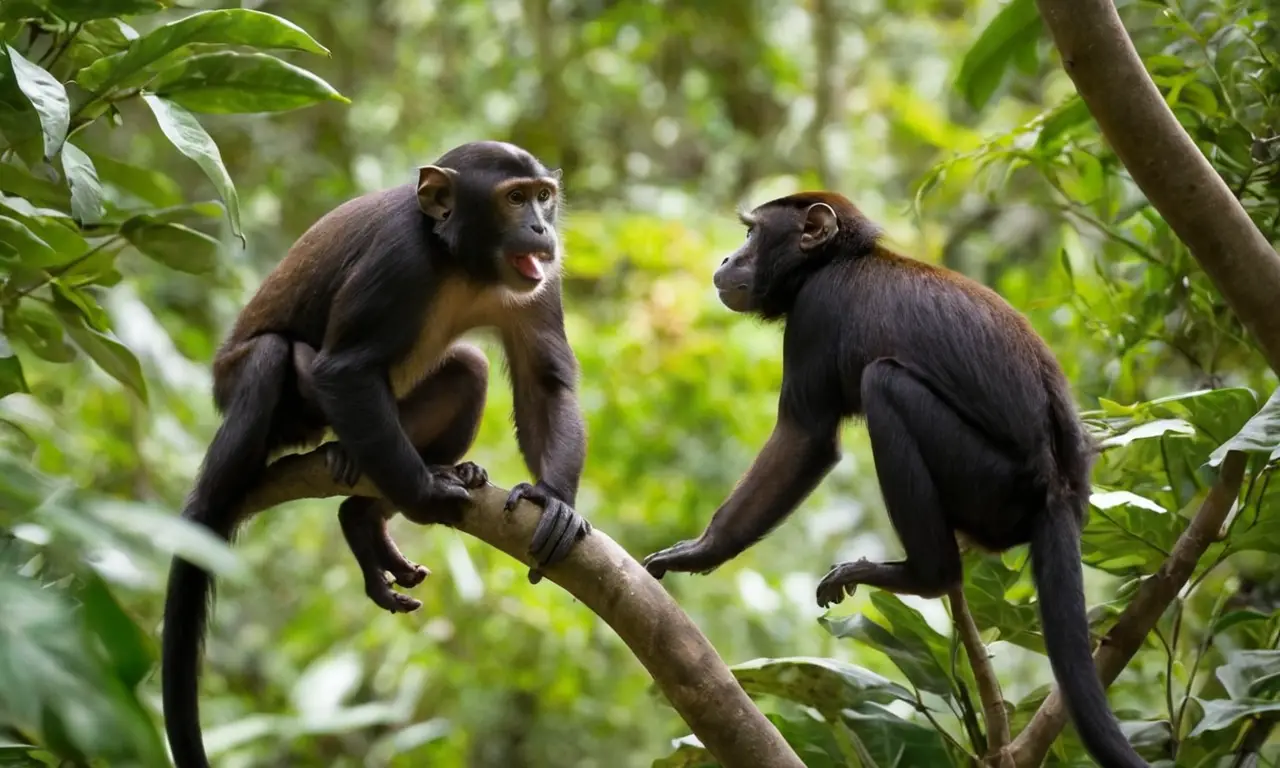 Monos en selva tropical con luz dappled