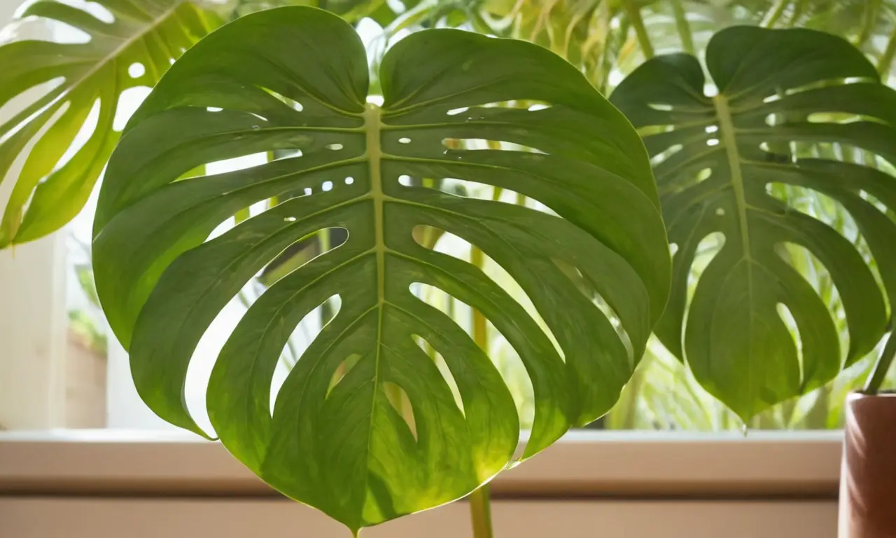 Hojas de Monstera brillantes en agua