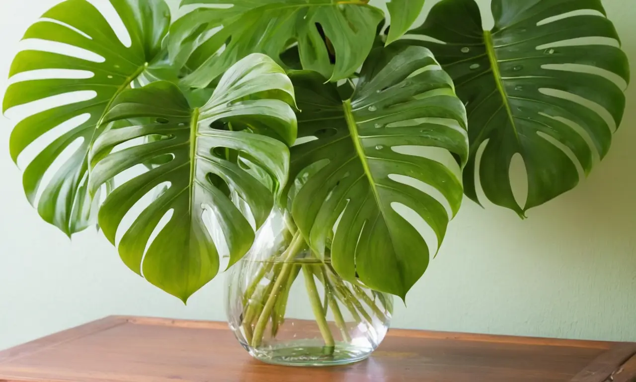 Hojas de Monstera brillan en luz filtrada
