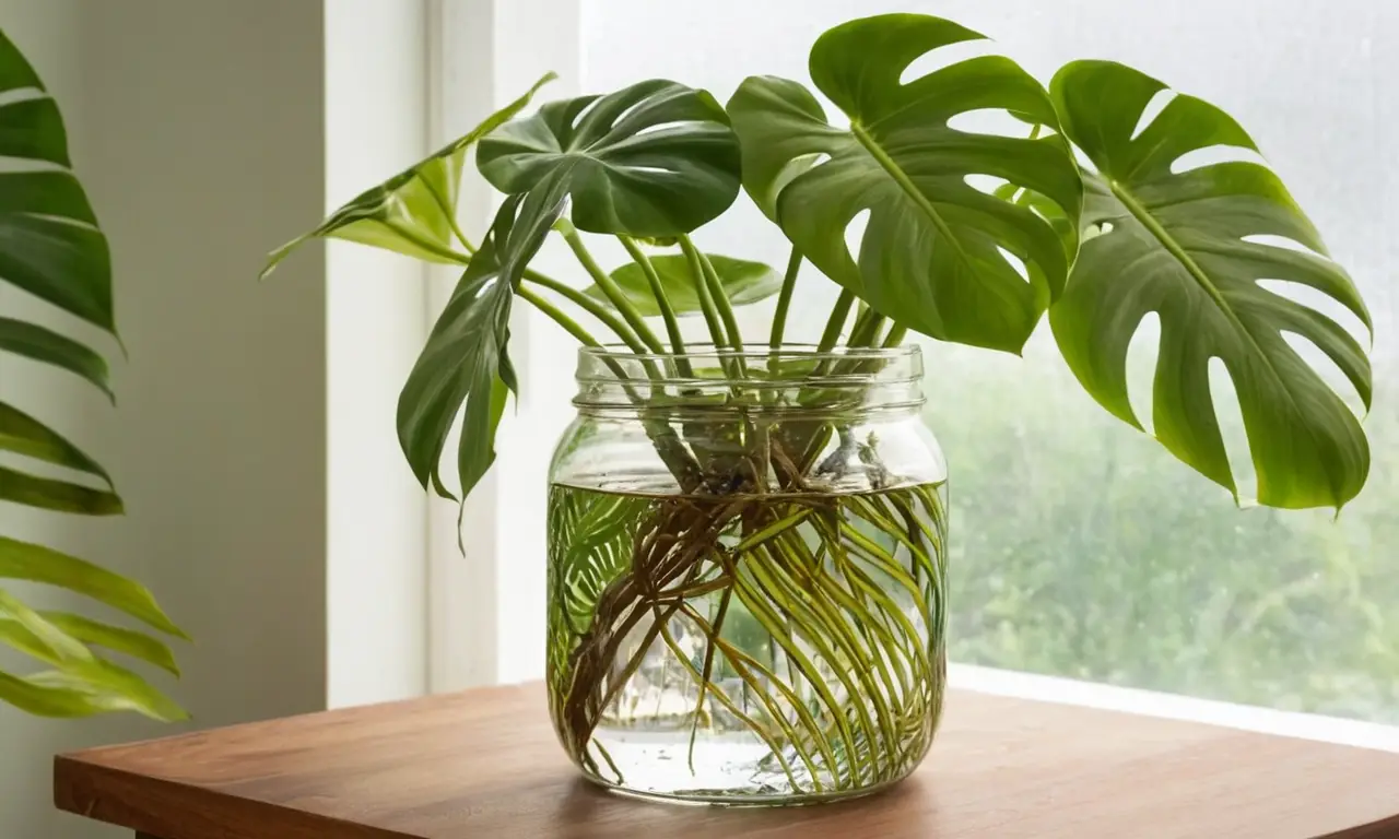 Un frasco con agua y plantas verdes