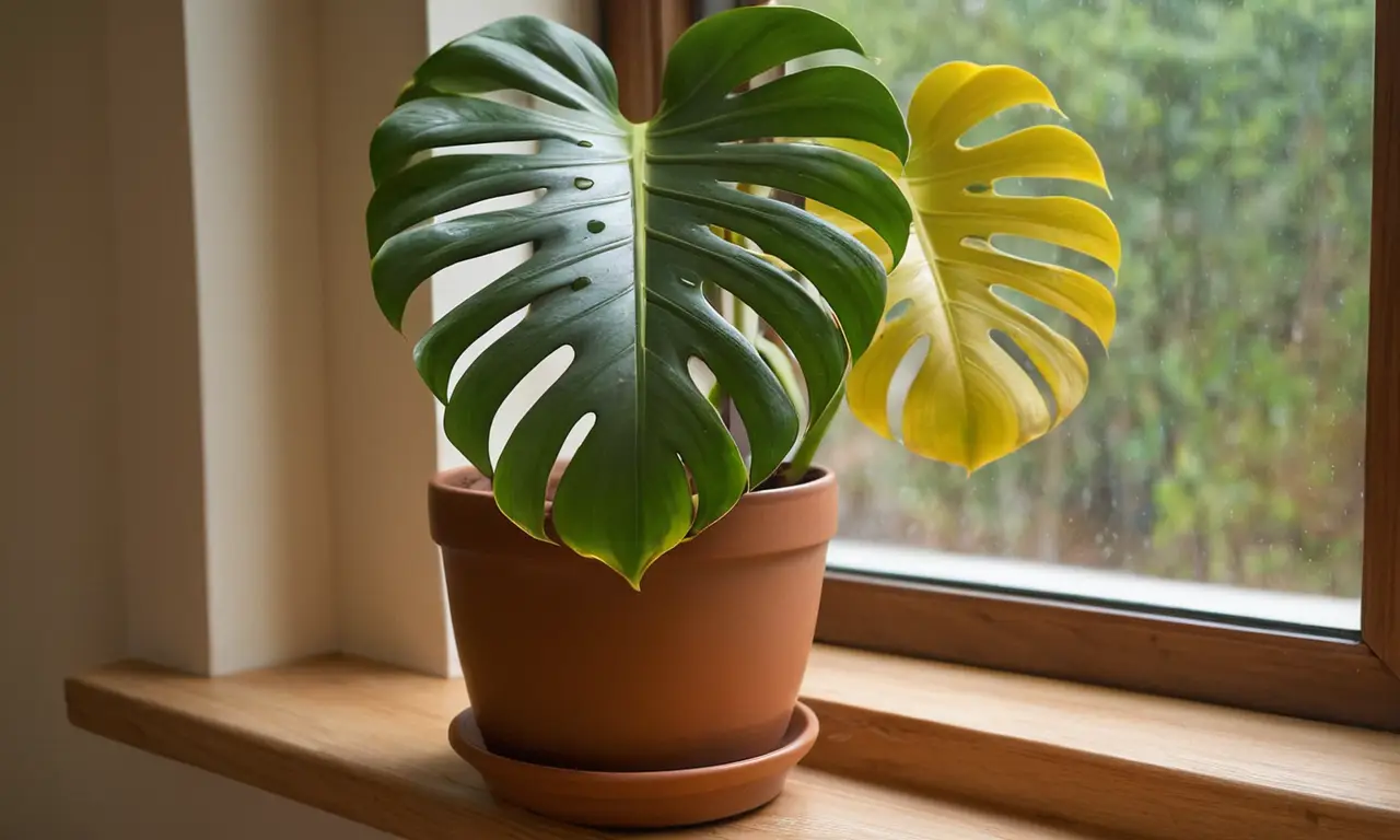 Hojas de Monstera brillantes en un ambiente cálido