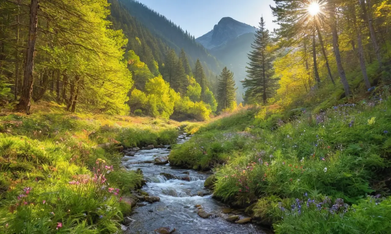 Montañas majestuosas con vida y luz serena