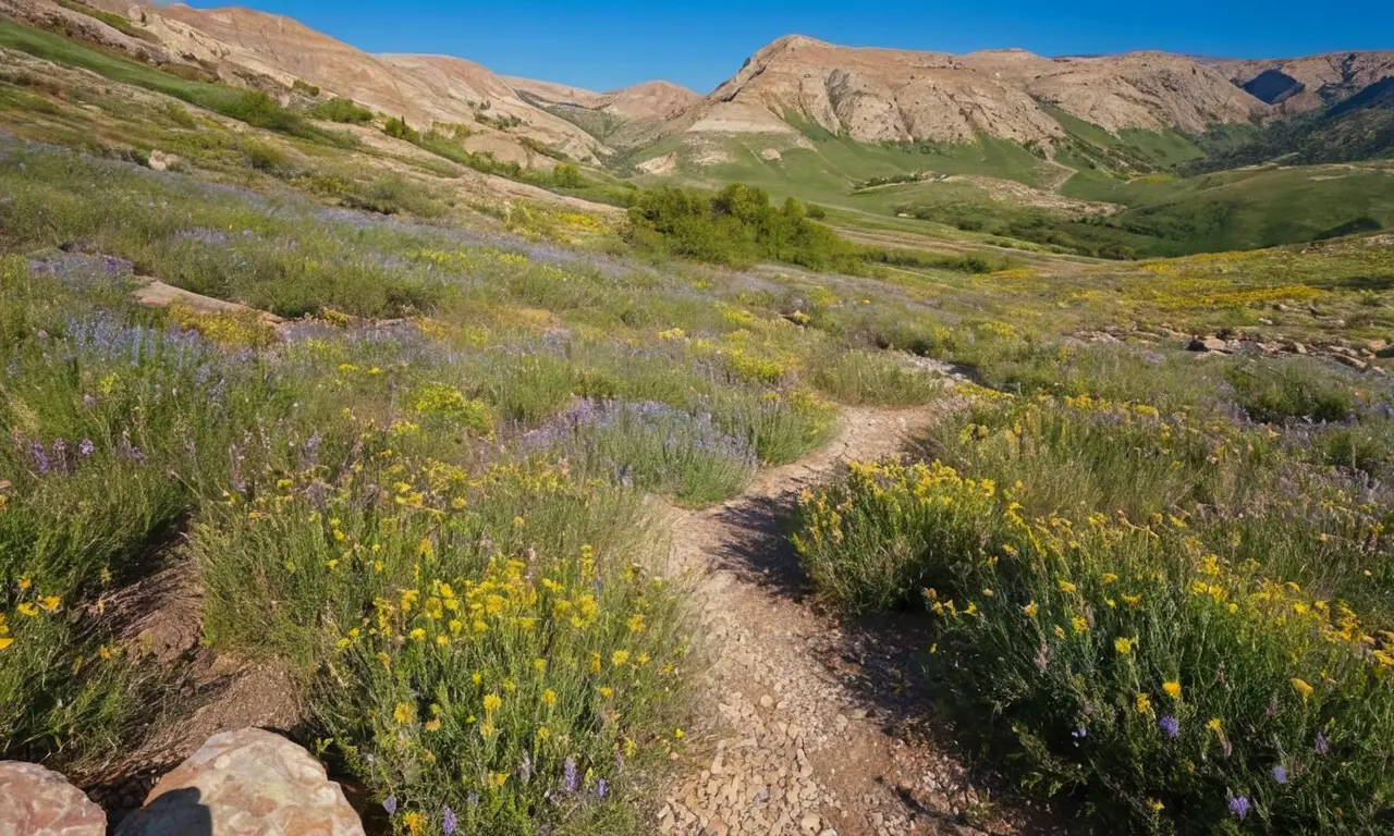 Paisaje verde con montañas y flores silvestres