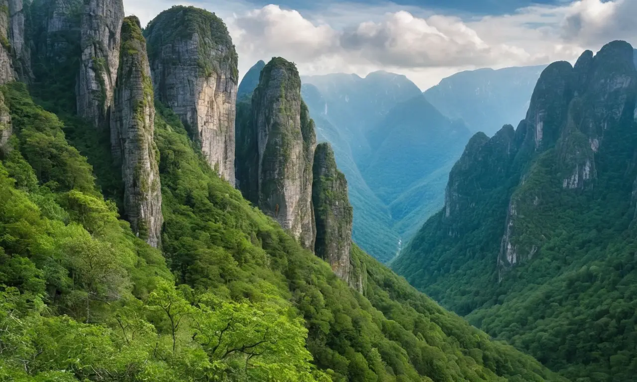 Paisaje de montañas kársticas envuelto en neblina