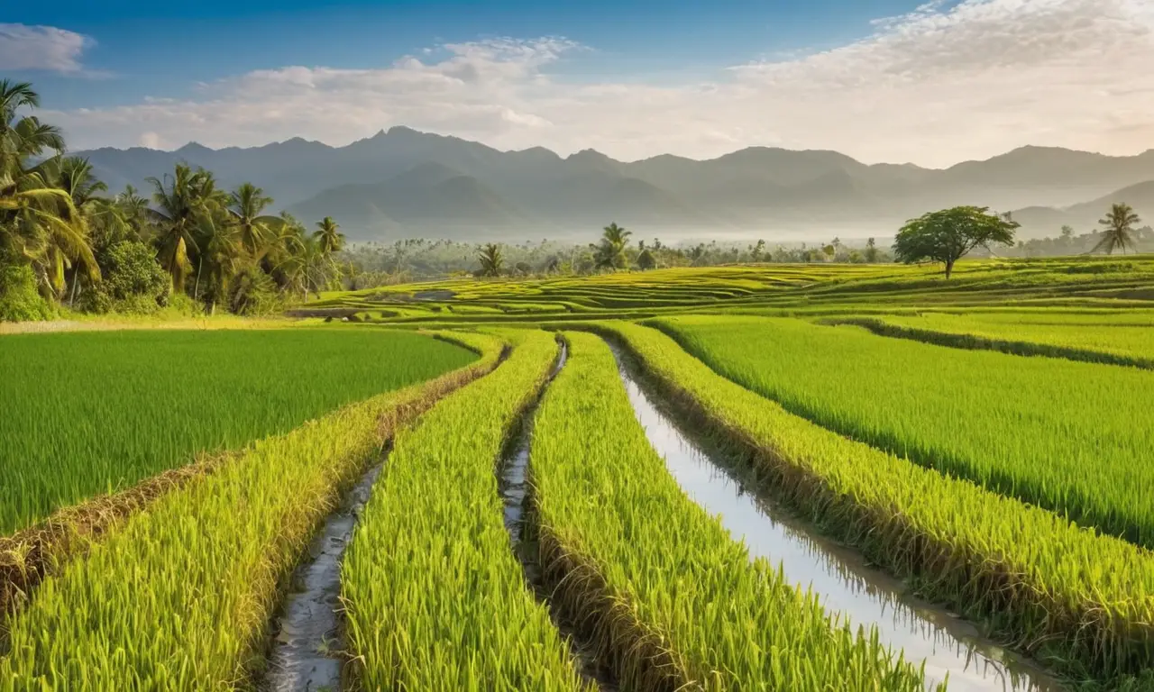 Campos de arroz vibrantes y agricultores laborando