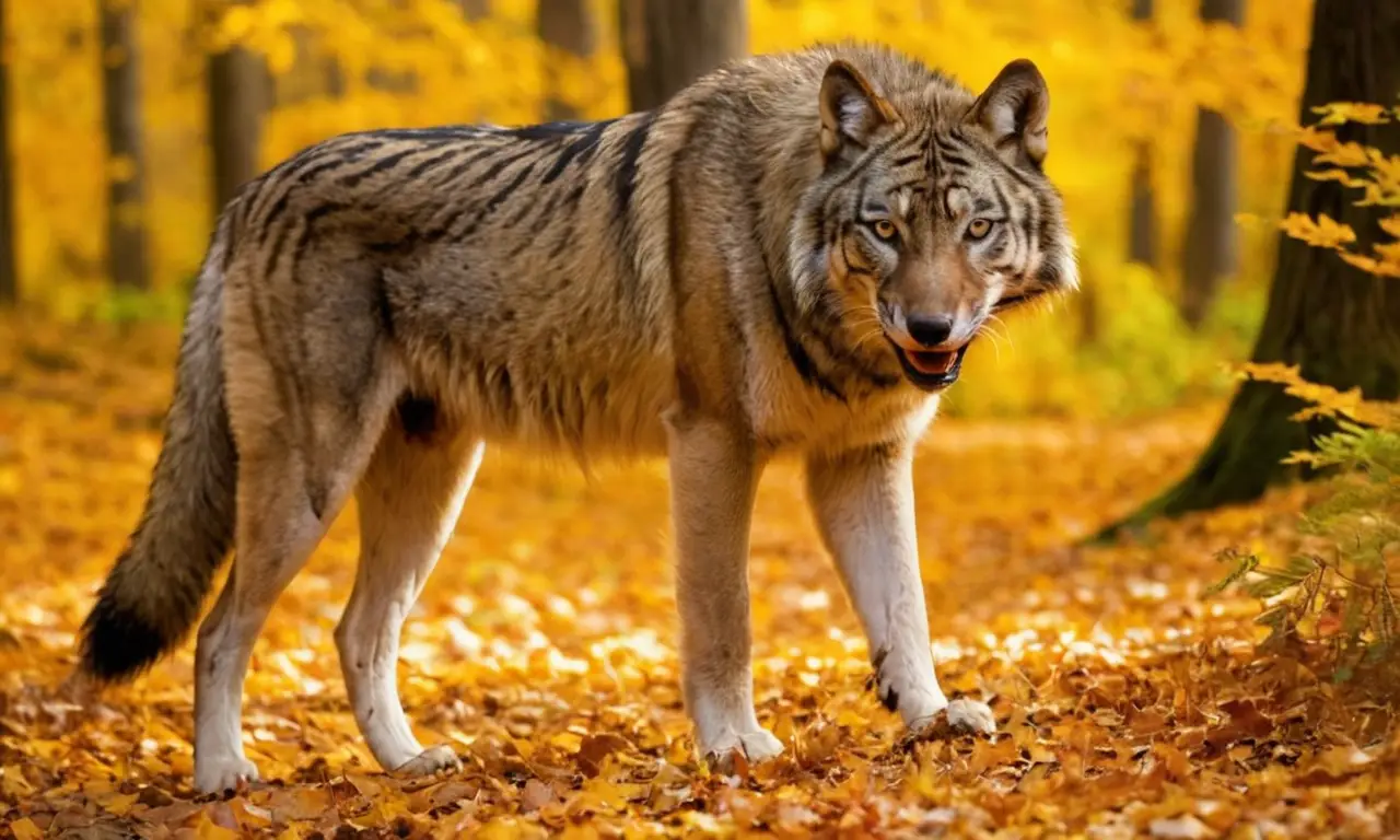Un lobo y un tigre compiten en el bosque
