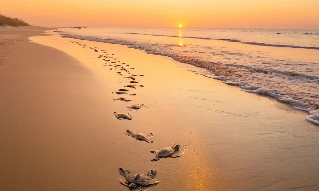 Playa serena al amanecer con tortugas