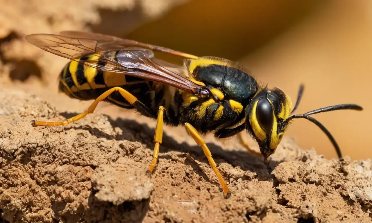 Avispa cazadora sobre un nido de barro