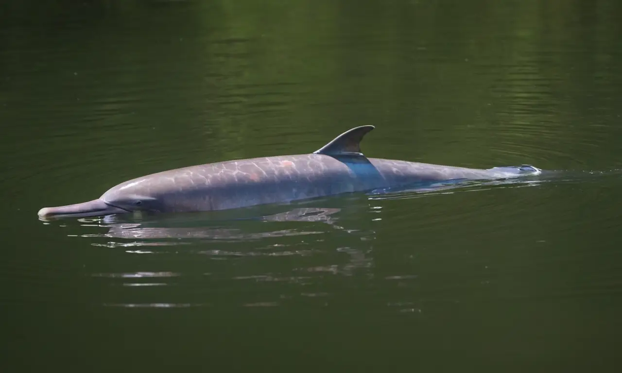 Delfín rosado nada en aguas turbias