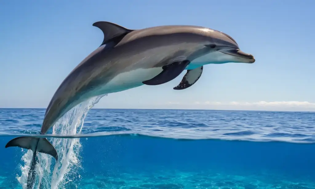 Delfines juegan en un hermoso océano turquesa