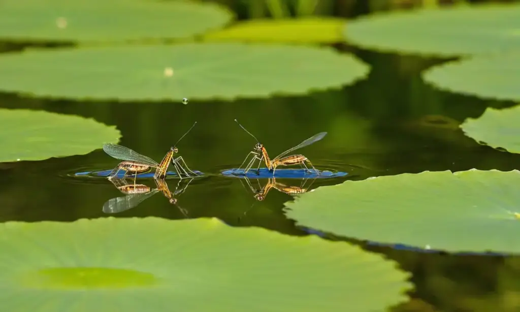 Insectos danzantes en un tranquilo estanque