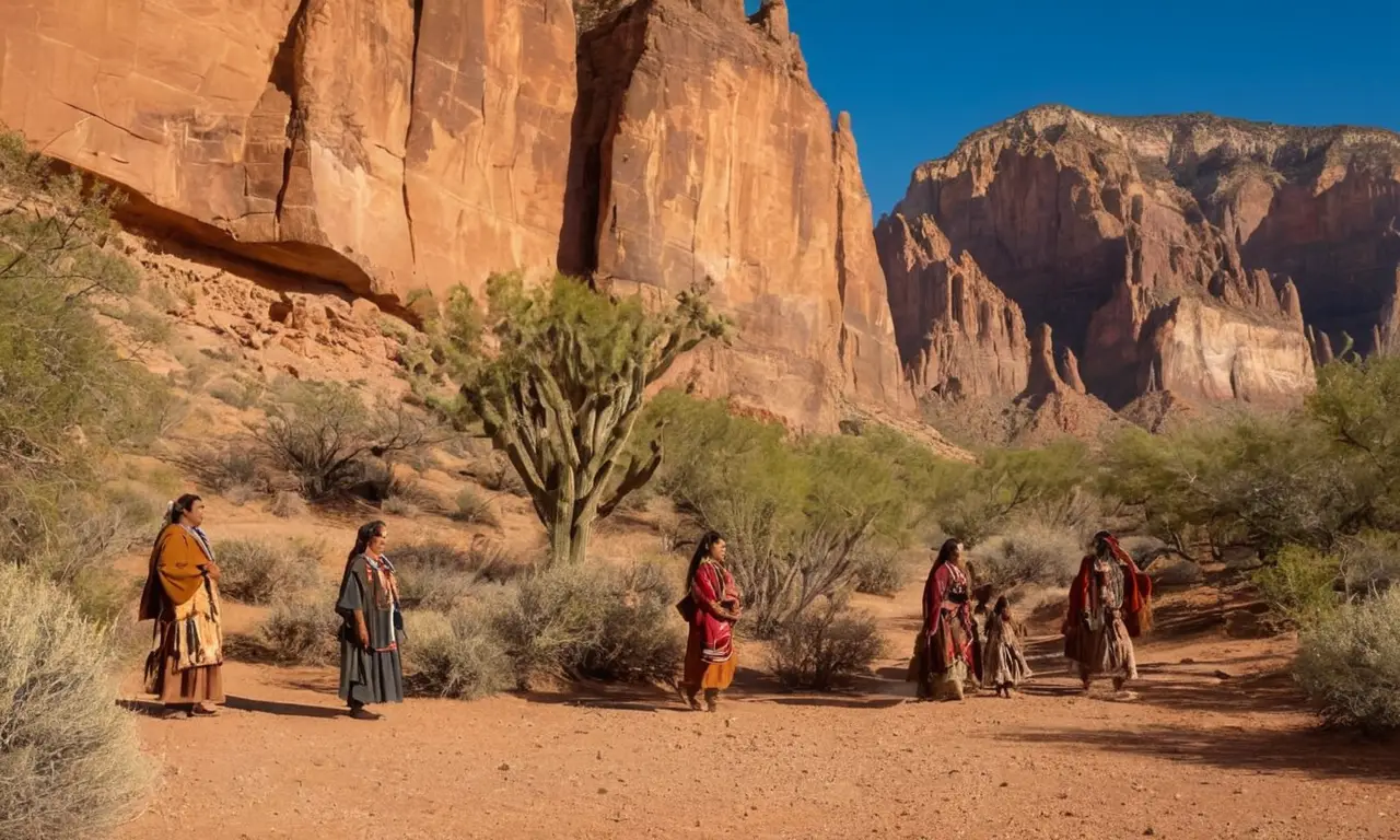 Paisaje desértico vibrante con tribus indígenas